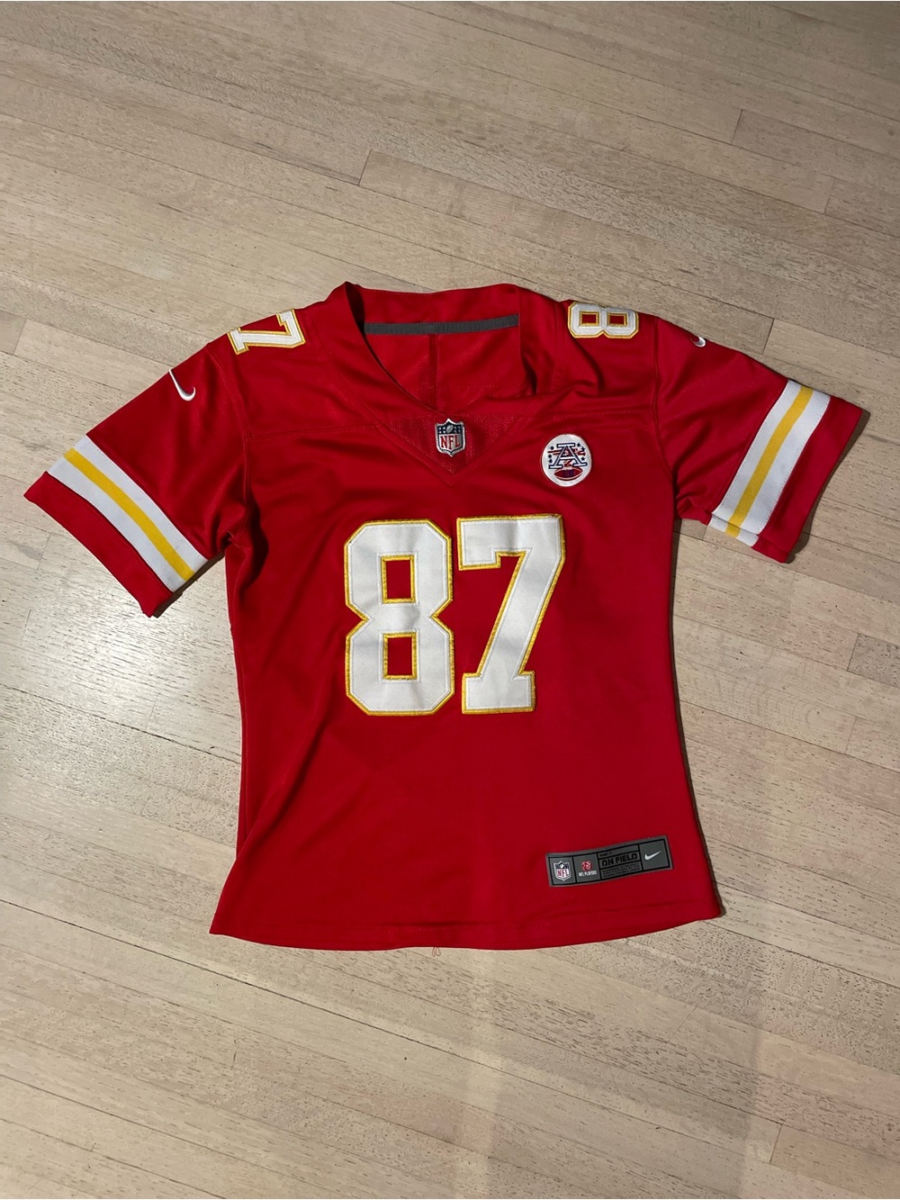 Nike Women’s Red #87 Football Jersey with White and Gold Accents